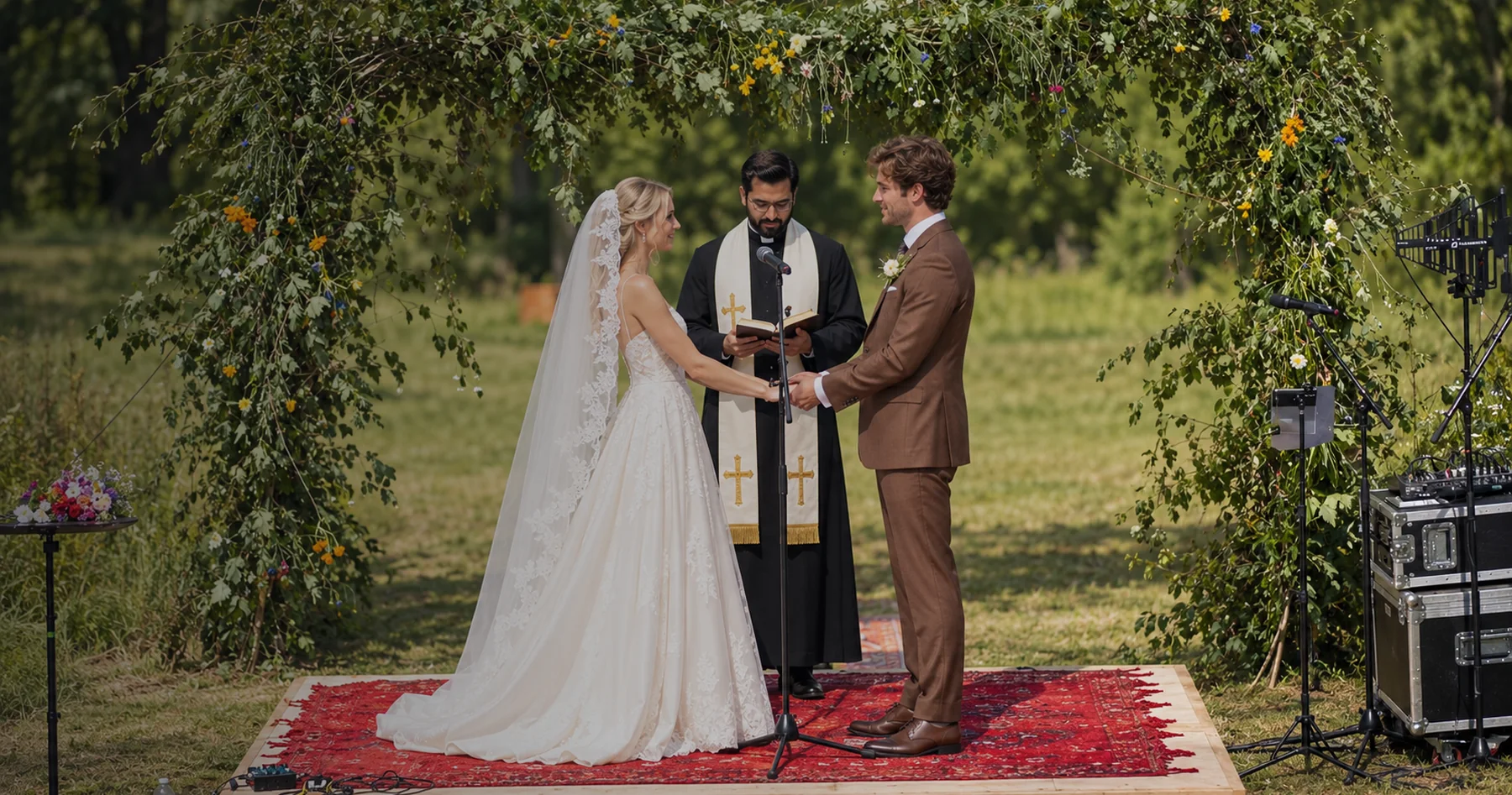 A couple at their wedding ceremony, the groom in a tailored brown suit