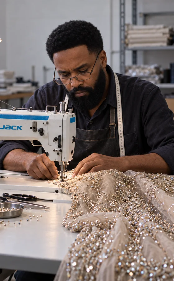 A Flux tailor altering a beaded gown at the machine