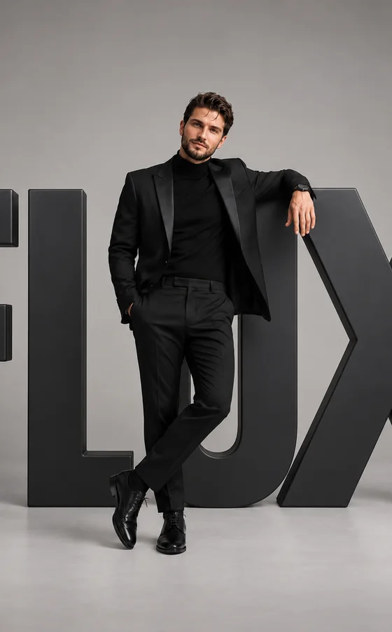 Client in a black suit beside oversized FLUX lettering