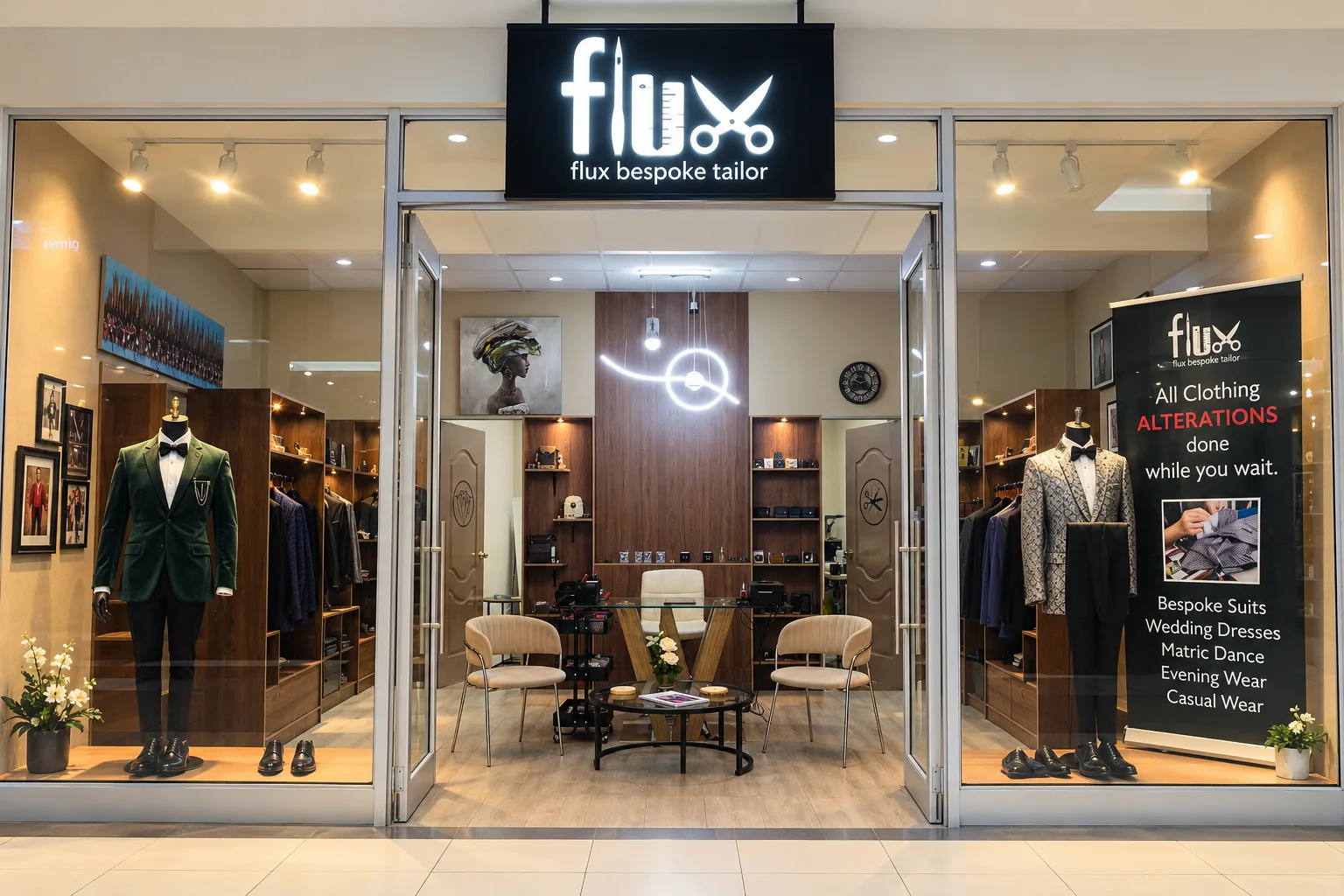 The Flux Bespoke Tailor shopfront at Northgate