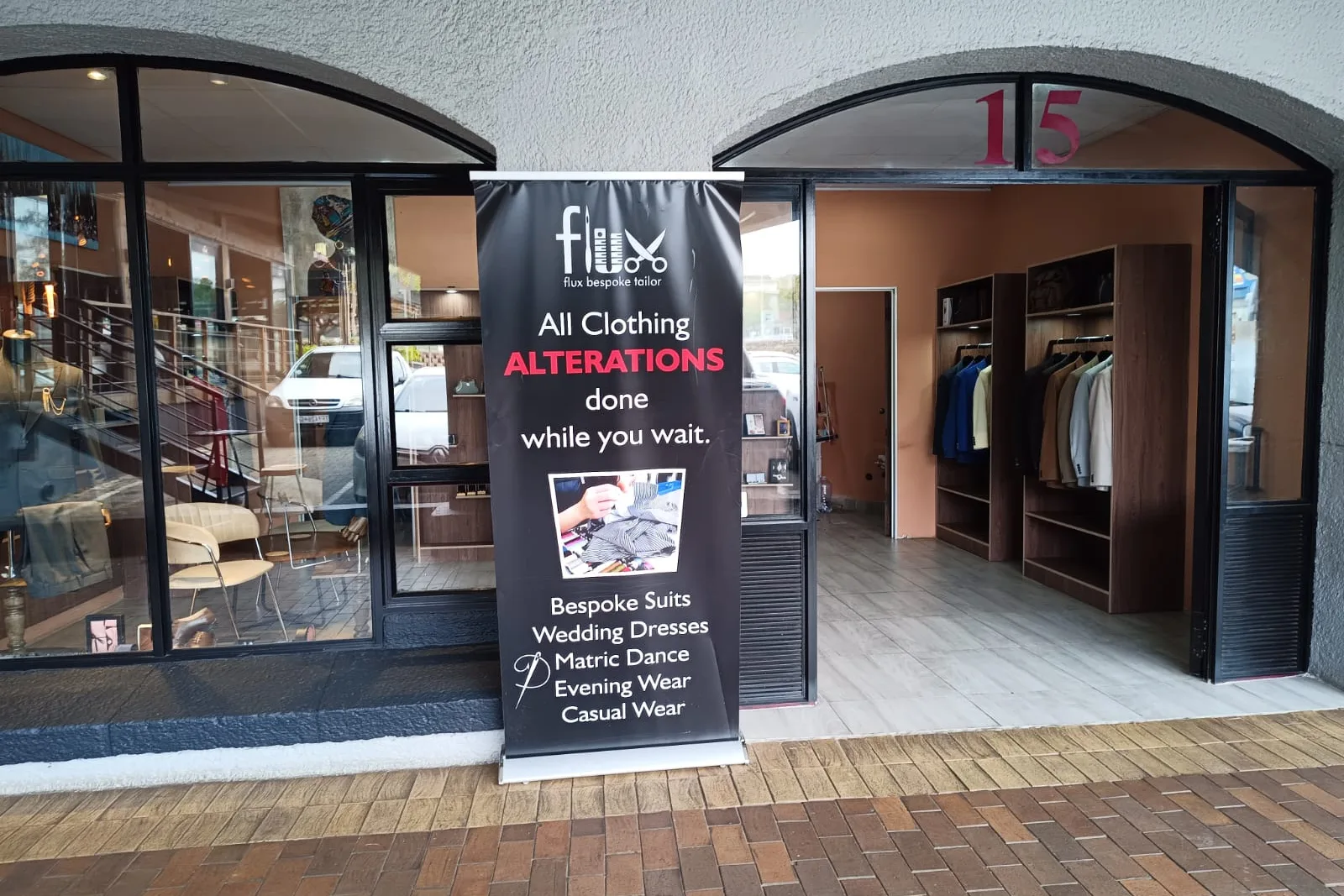 The Flux Bespoke Tailor shopfront at Queens Corner, Queenswood