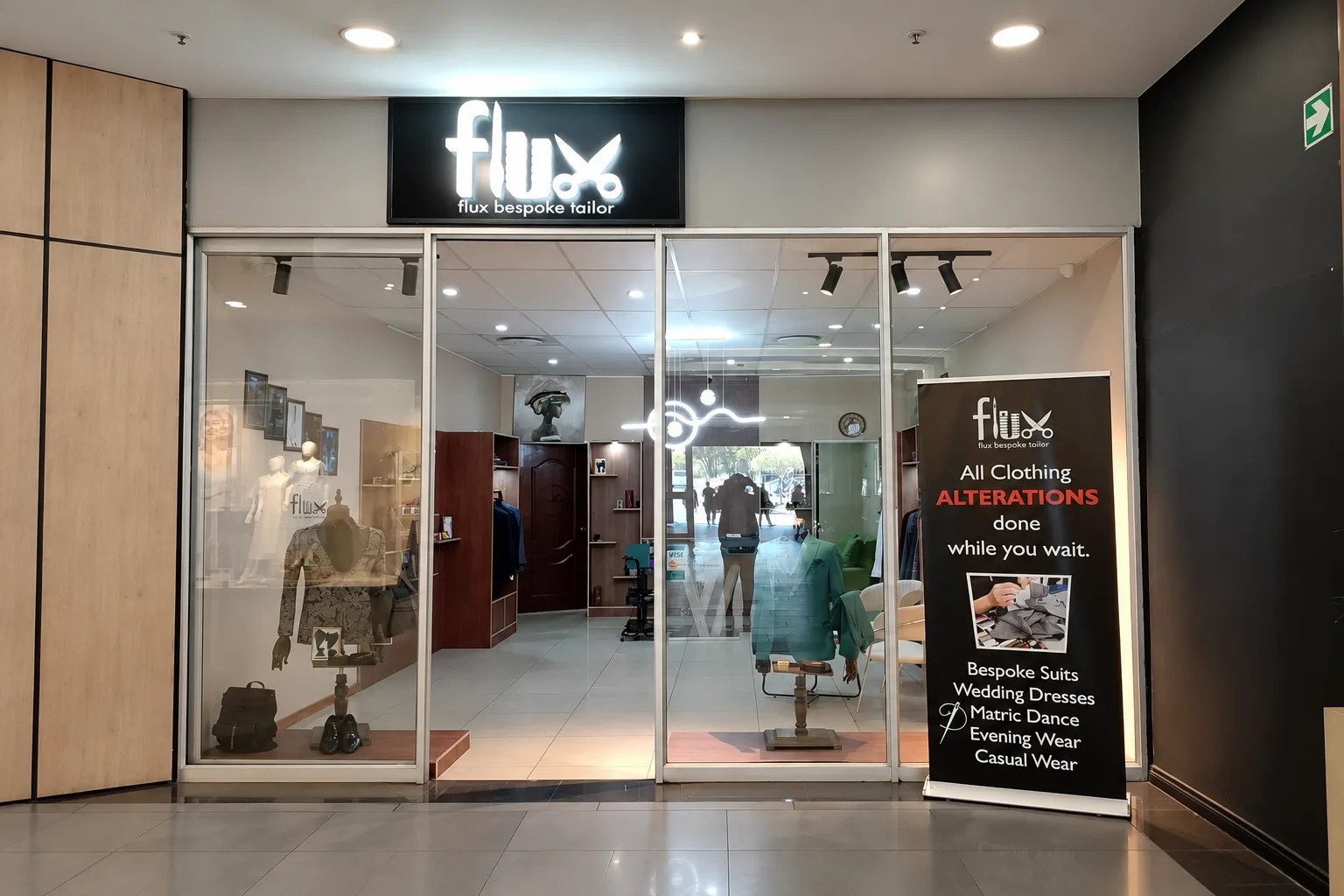 The Flux Bespoke Tailor shopfront at Sunward Centre, Sunward Park, Boksburg