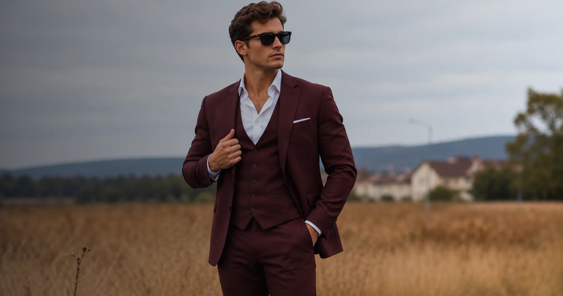 Flux client in a burgundy three-piece suit on a country road
