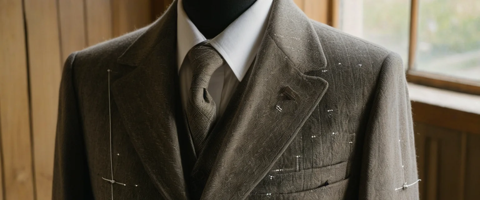 A half-made suit jacket on a tailor's dress form, basting stitches and pins still in the canvas