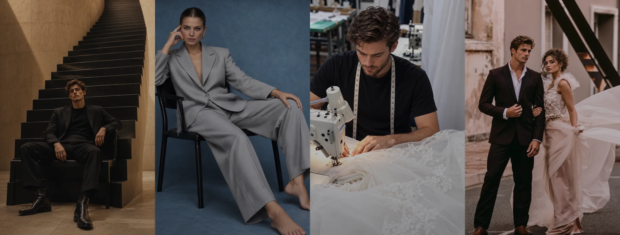 Four Flux services side by side: a bespoke suit, women's tailoring, a tailor altering a bridal gown, and a couple in hired outfits on their wedding day