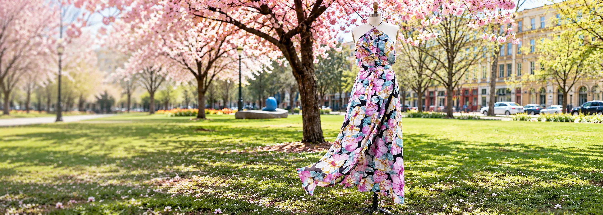A floral occasion dress made by Flux, shown on a dress form outdoors